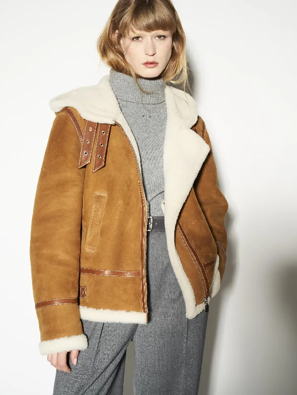 Hooded camel shearling bomber jacket