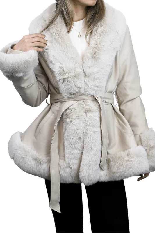 La Fiorentina - Belted Faux Fur-Trimmed Jacket - Beige