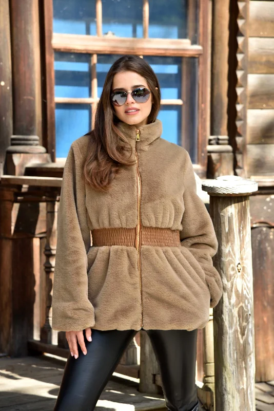 Plush Faux Fur Cinched Waist Jacket - Camel