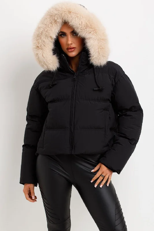 Puffer Jacket With Faux Fur Hood Black