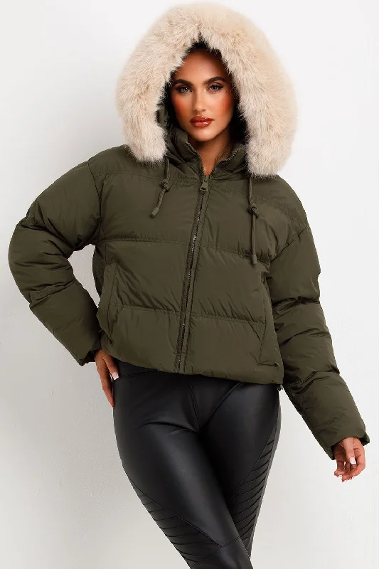 Puffer Jacket With Faux Fur Hood Khaki