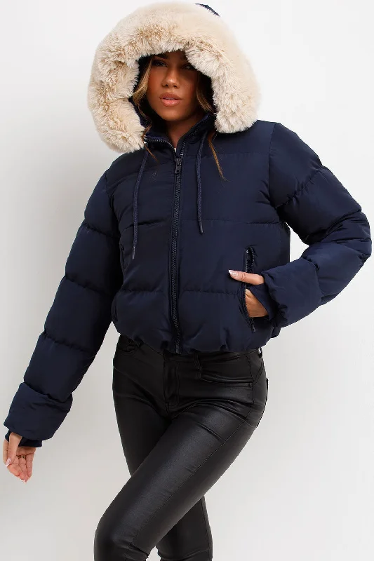 Puffer Jacket With Fur Hood Navy