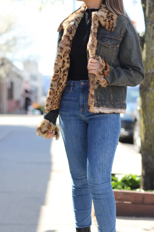 Vintage Denim Jacket with Full Fur Inside  - Natural