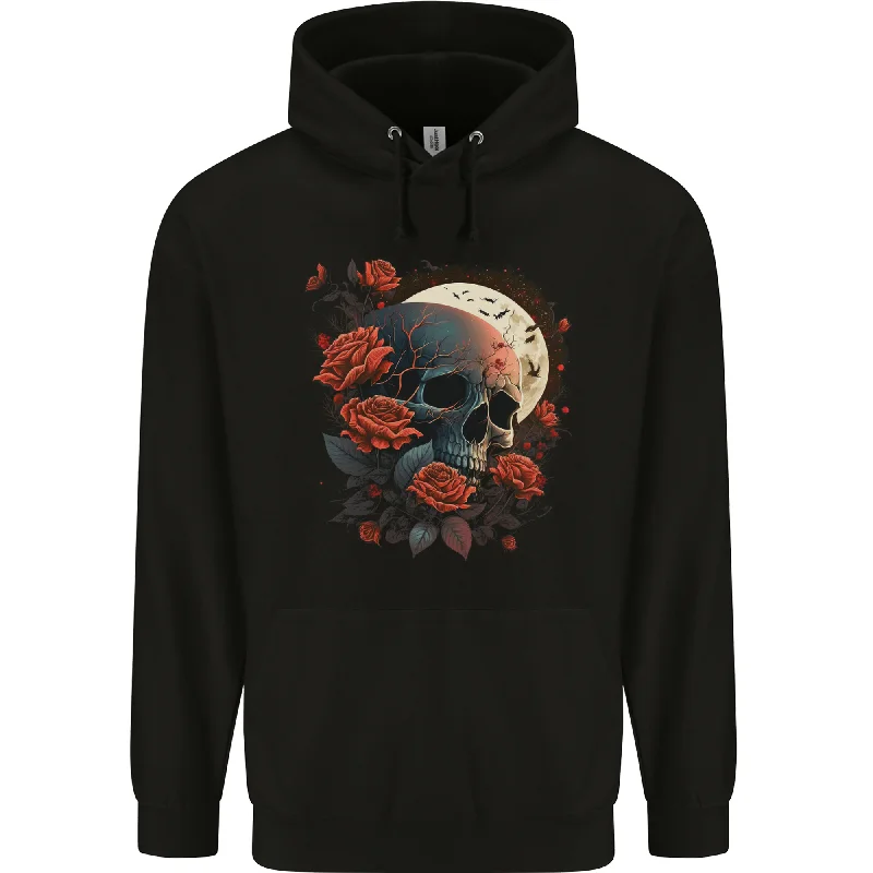 A Dark Fantasy Skull With Roses and Moon Mens 80% Cotton Hoodie Hoodie with Hem Drawcord Adjustable Customizable A Dark Fantasy Skull With Roses and Moon Mens 80% Cotton Hoodie Hoodie with Hem Drawcord Adjustable Customizable