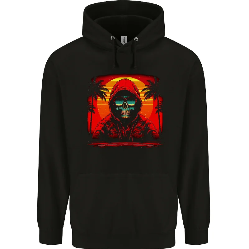 A Retrowave Skeleton With Holiday Sunset Skull Mens 80% Cotton Hoodie