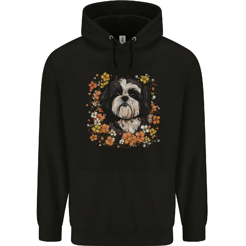 A Shih Tzu Dog Surrounded by Flowers Mens 80% Cotton Hoodie