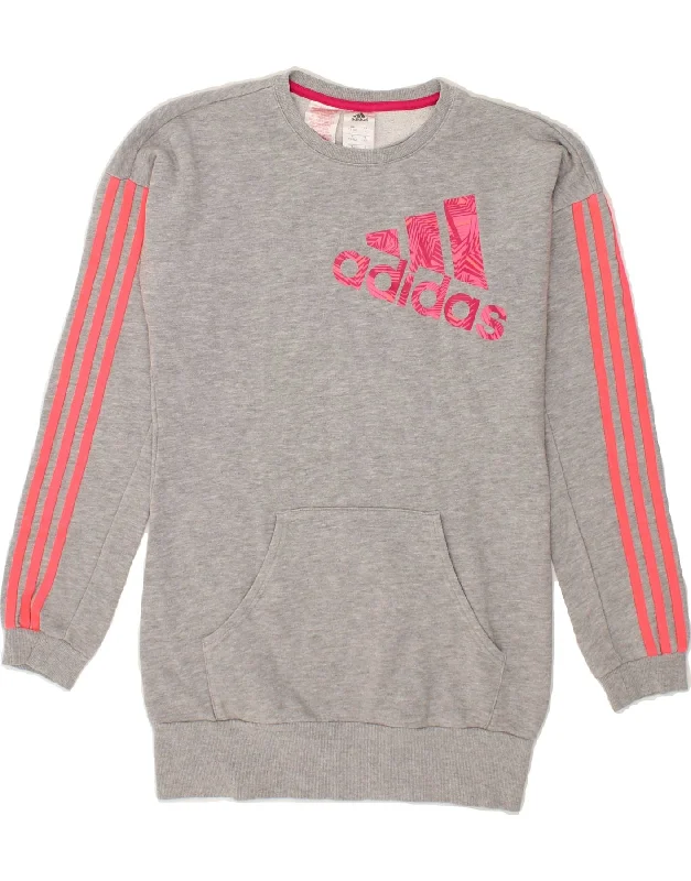 ADIDAS Girls Graphic Sweatshirt Jumper Dress 13-14 Years Grey Cotton