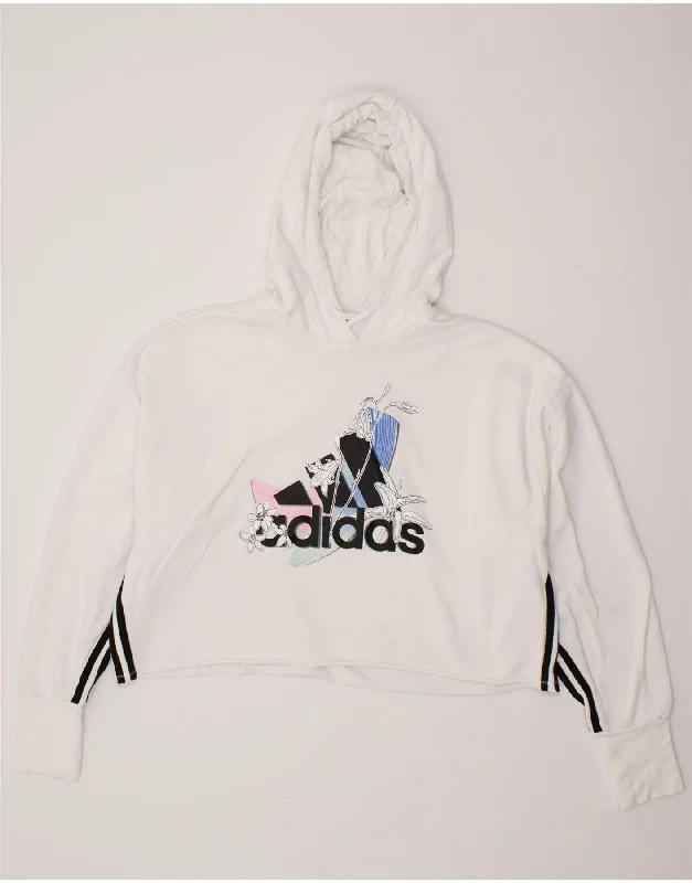 ADIDAS Womens Crop Graphic Hoodie Jumper UK 16/18 Large White Floral