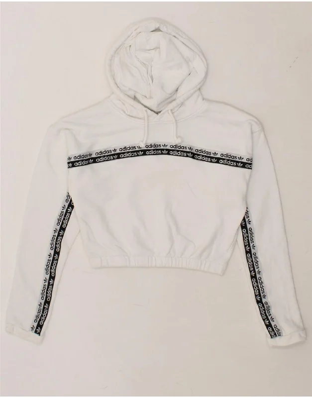 ADIDAS Womens Crop Graphic Hoodie Jumper UK 8 Small  White Cotton