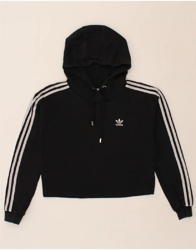 ADIDAS Womens Crop Hoodie Jumper UK 12 Medium Black Cotton Hoodie with Stripes Bold Sporty ADIDAS Womens Crop Hoodie Jumper UK 12 Medium Black Cotton Hoodie with Stripes Bold Sporty