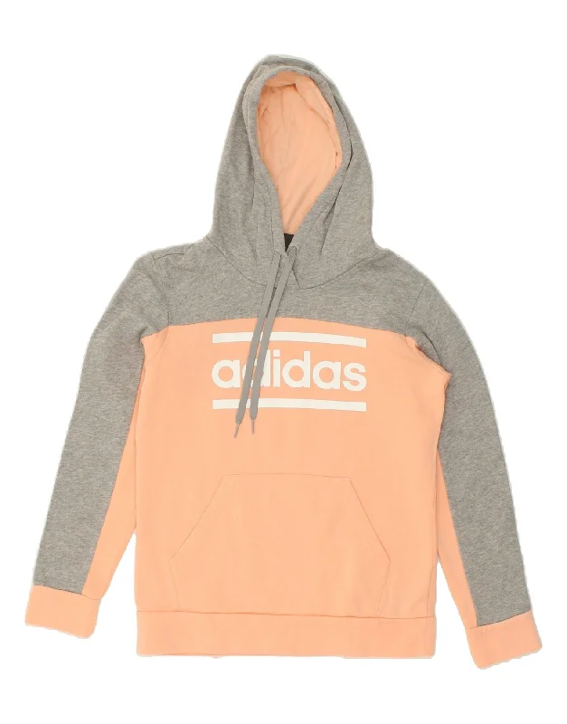 ADIDAS Womens Graphic Hoodie Jumper UK 14 Medium Orange Colourblock Cotton Hoodie with High-Low Hem Asymmetrical Trendy ADIDAS Womens Graphic Hoodie Jumper UK 14 Medium Orange Colourblock Cotton Hoodie with High-Low Hem Asymmetrical Trendy