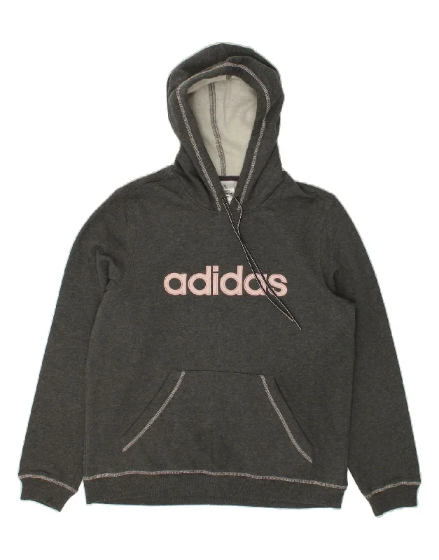ADIDAS Womens Graphic Hoodie Jumper UK 16 Large Grey Cotton Hoodie with Hem Applique Textured Unique ADIDAS Womens Graphic Hoodie Jumper UK 16 Large Grey Cotton Hoodie with Hem Applique Textured Unique