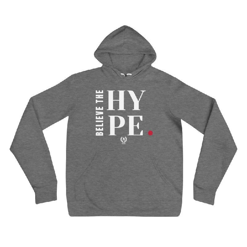 'Believe The Hype' Grey x White Pullover Hooded Sweatshirt Hoodie with Ribbed Hem Stretchable Secure 'Believe The Hype' Grey x White Pullover Hooded Sweatshirt Hoodie with Ribbed Hem Stretchable Secure