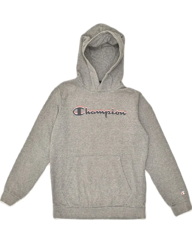 CHAMPION Boys Graphic Hoodie Jumper 13-14 Years XL Grey Cotton