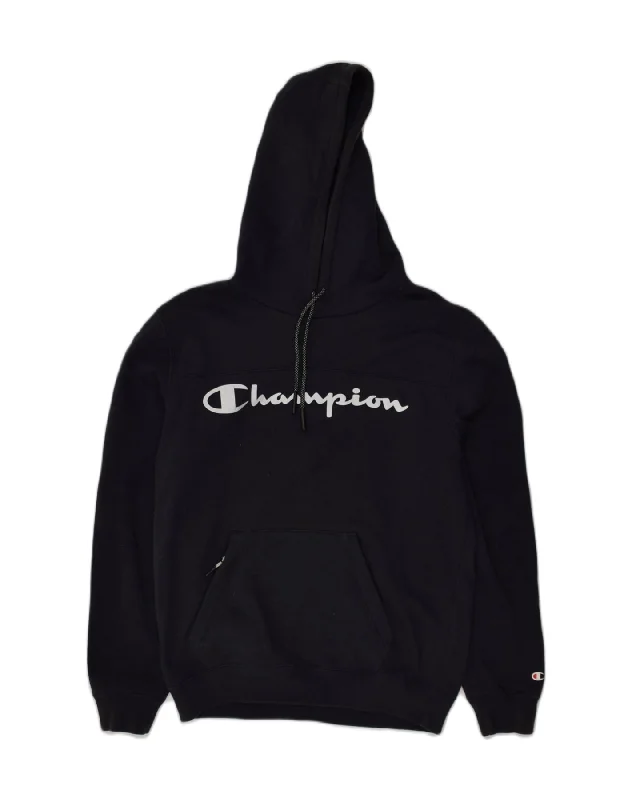 CHAMPION Mens Graphic Hoodie Jumper Small Navy Blue Cotton