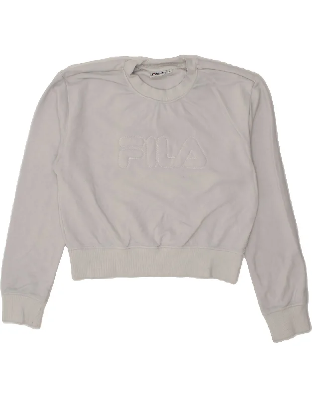 FILA Womens Crop Graphic Sweatshirt Jumper UK 14 Large Grey Cotton Hoodie with Illustration Artistic Creative FILA Womens Crop Graphic Sweatshirt Jumper UK 14 Large Grey Cotton Hoodie with Illustration Artistic Creative