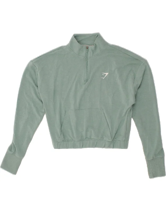 GYMSHARK Womens Crop Zip Neck Sweatshirt Jumper UK 10 Small Green Viscose Hoodie with Hood Adjustable Protection GYMSHARK Womens Crop Zip Neck Sweatshirt Jumper UK 10 Small Green Viscose Hoodie with Hood Adjustable Protection