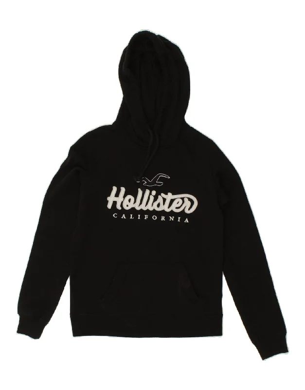 HOLLISTER Womens Graphic Hoodie Jumper UK 6 XS Black Cotton Hoodie with Hem Applique Textured Unique HOLLISTER Womens Graphic Hoodie Jumper UK 6 XS Black Cotton Hoodie with Hem Applique Textured Unique