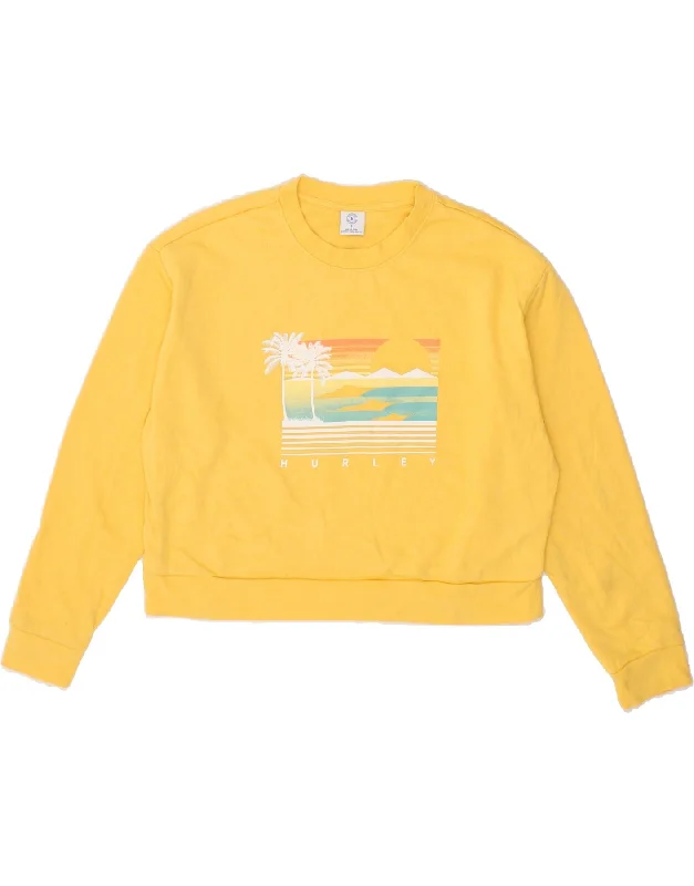 HURLEY Womens Oversized Graphic Crop Sweatshirt Jumper UK 10 Small Yellow Hoodie with Exposed Zipper Edgy Industrial HURLEY Womens Oversized Graphic Crop Sweatshirt Jumper UK 10 Small Yellow Hoodie with Exposed Zipper Edgy Industrial