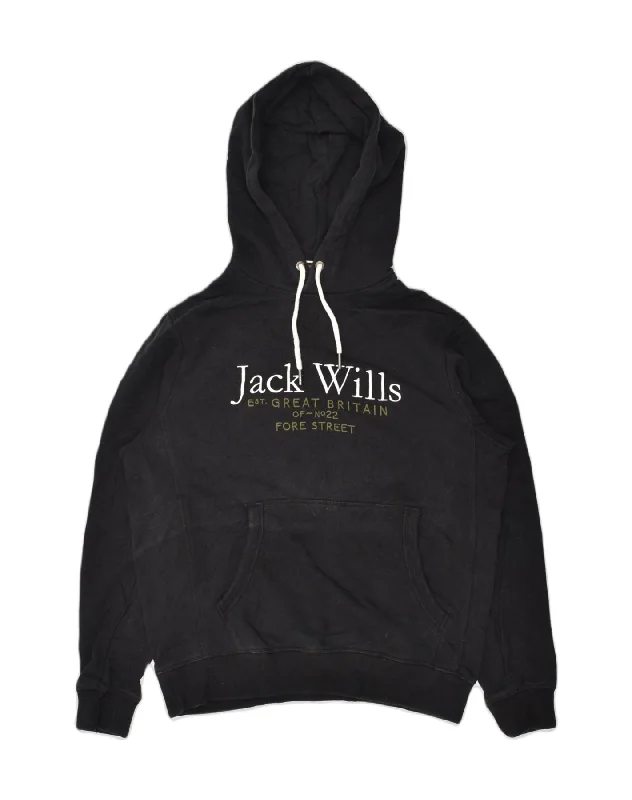 JACK WILLS Mens Graphic Hoodie Jumper Medium Black Cotton