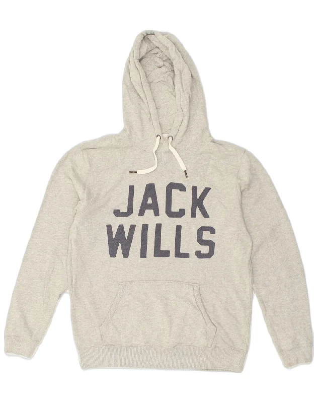 JACK WILLS Mens Graphic Hoodie Jumper Medium Grey Cotton