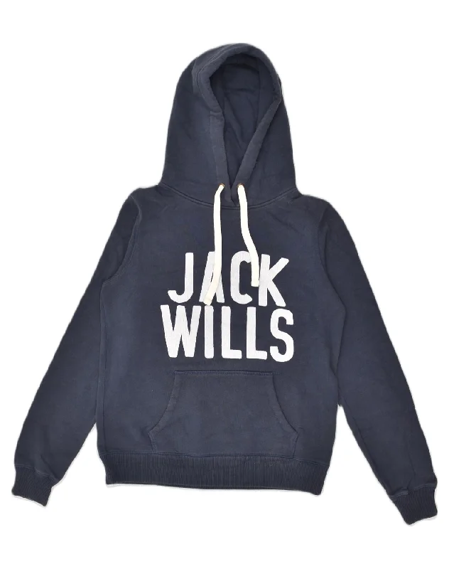 JACK WILLS Womens Graphic Hoodie Jumper UK 12 Medium  Navy Blue Cotton