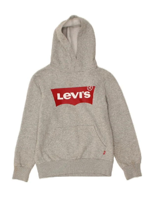 LEVI'S Girls Graphic Hoodie Jumper 8-9 Years Small Grey Cotton