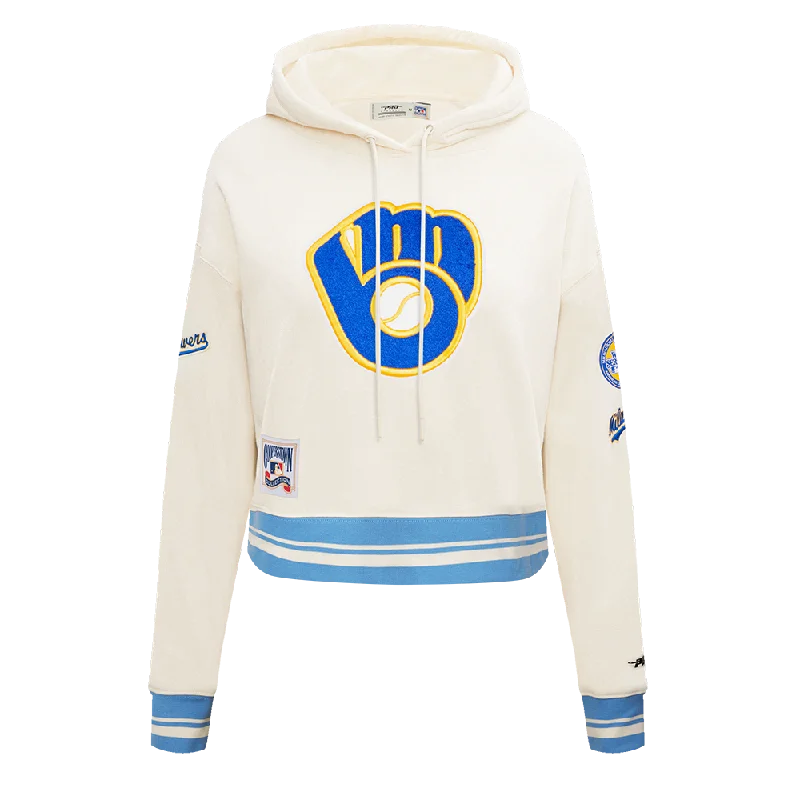 MLB MILWAUKEE BREWERS RETRO CLASSIC WOMEN'S RIB CROPPED PO HOODIE (EGGSHELL/ UNIVERSITY BLUE)