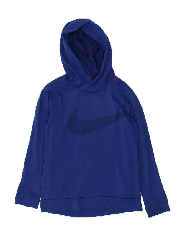 NIKE Boys Dri Fit Graphic Hoodie Jumper 10-11 Years Medium Blue Polyester Hoodie with Distressed Vintage Worn NIKE Boys Dri Fit Graphic Hoodie Jumper 10-11 Years Medium Blue Polyester Hoodie with Distressed Vintage Worn