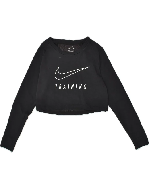 NIKE Womens Dri Fit Graphic Crop Sweatshirt Jumper UK 8 Small Black Cotton