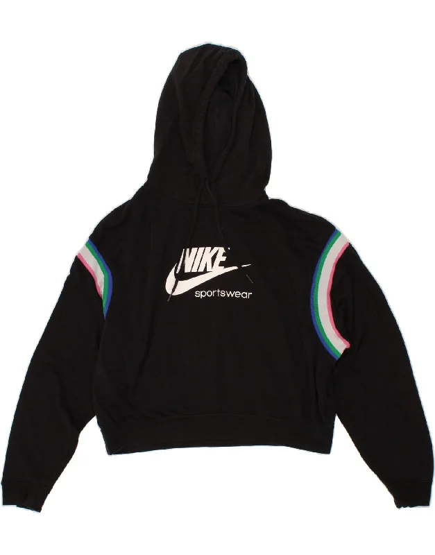 NIKE Womens Oversized Crop Graphic Hoodie Jumper UK 14 Medium Black Cotton