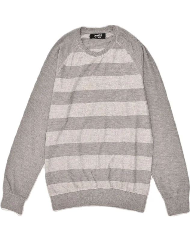 PULL & BEAR Mens Sweatshirt Jumper Large Grey Striped