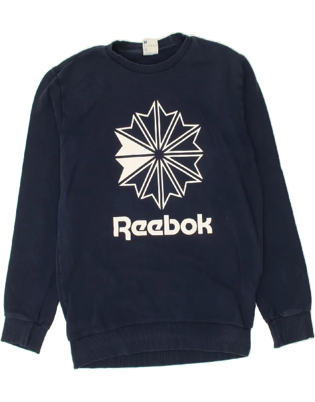 REEBOK Mens Graphic Sweatshirt Jumper Medium Navy Blue Cotton Hoodie with Sequins Glamorous Eye-catching REEBOK Mens Graphic Sweatshirt Jumper Medium Navy Blue Cotton Hoodie with Sequins Glamorous Eye-catching