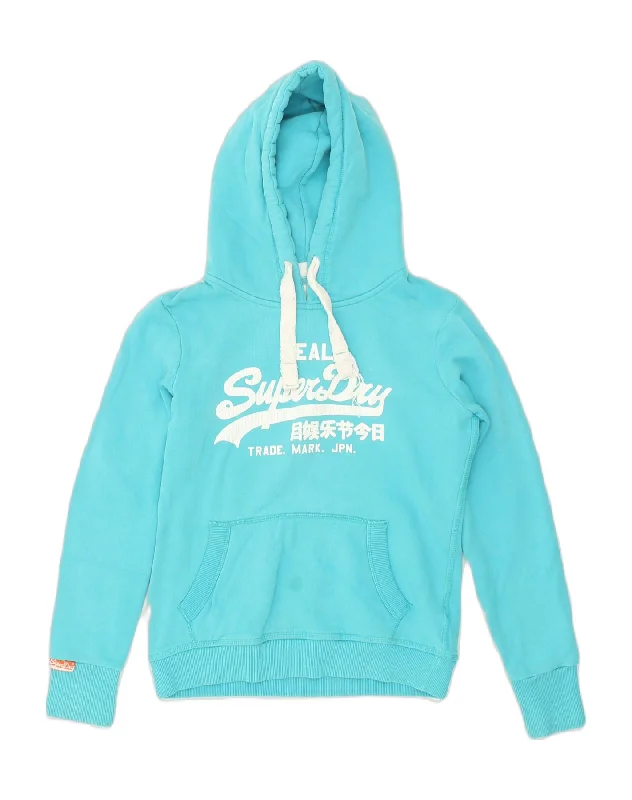 SUPERDRY Womens Real Graphic Hoodie Jumper UK 10 Small Blue Cotton