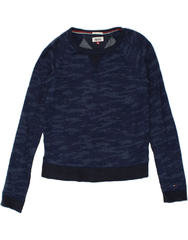 TOMMY HILFIGER Womens Crop Sweatshirt Jumper UK 6 XS Navy Blue Camouflage