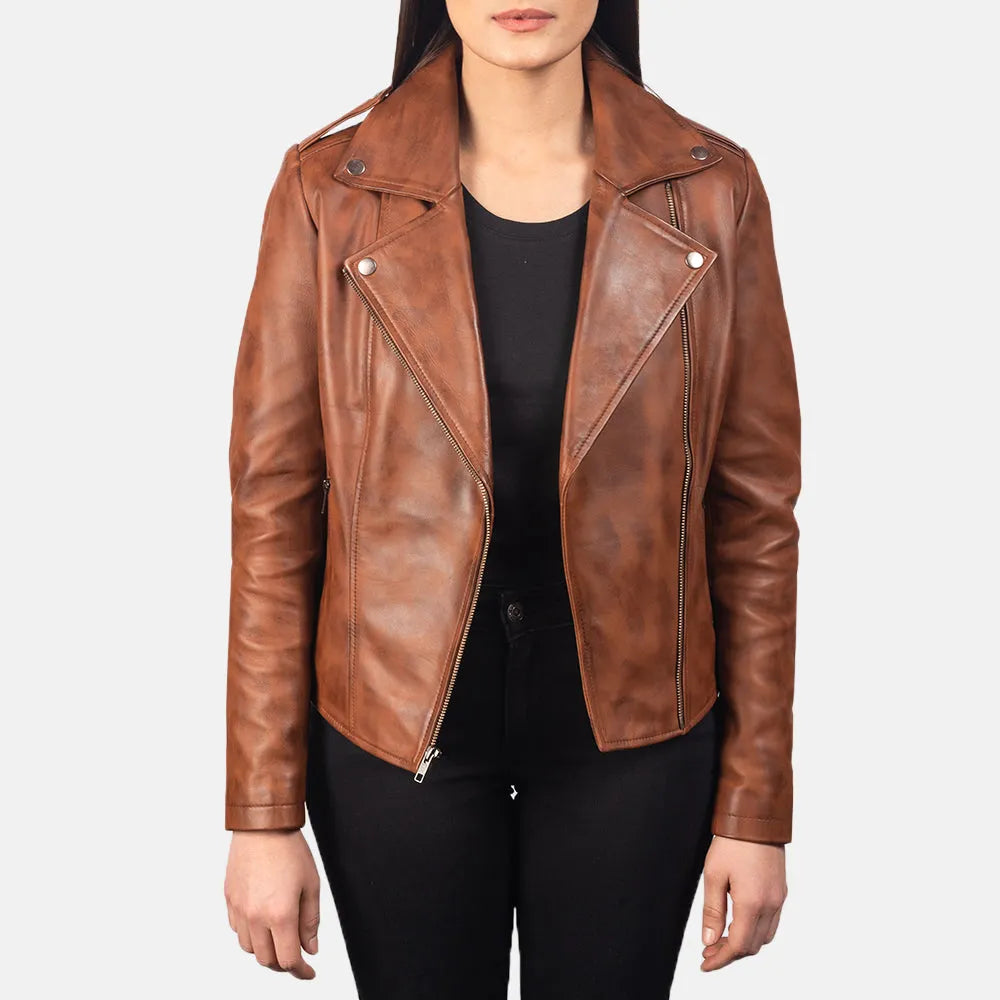 Brown Leather Biker Jacket Women - Epaulettes Shoulder Satin Fabric Silk Fabric Chiffon Fabric Brown Leather Biker Jacket Women - Epaulettes Shoulder Satin Fabric Silk Fabric Chiffon Fabric