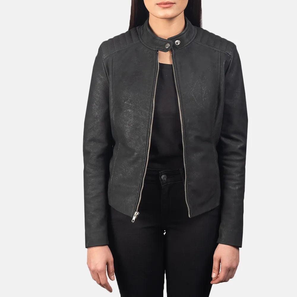 Distressed Black Leather Racing Jacket Belted Jacket Elasticated Jacket Padded Jacket Distressed Black Leather Racing Jacket Belted Jacket Elasticated Jacket Padded Jacket