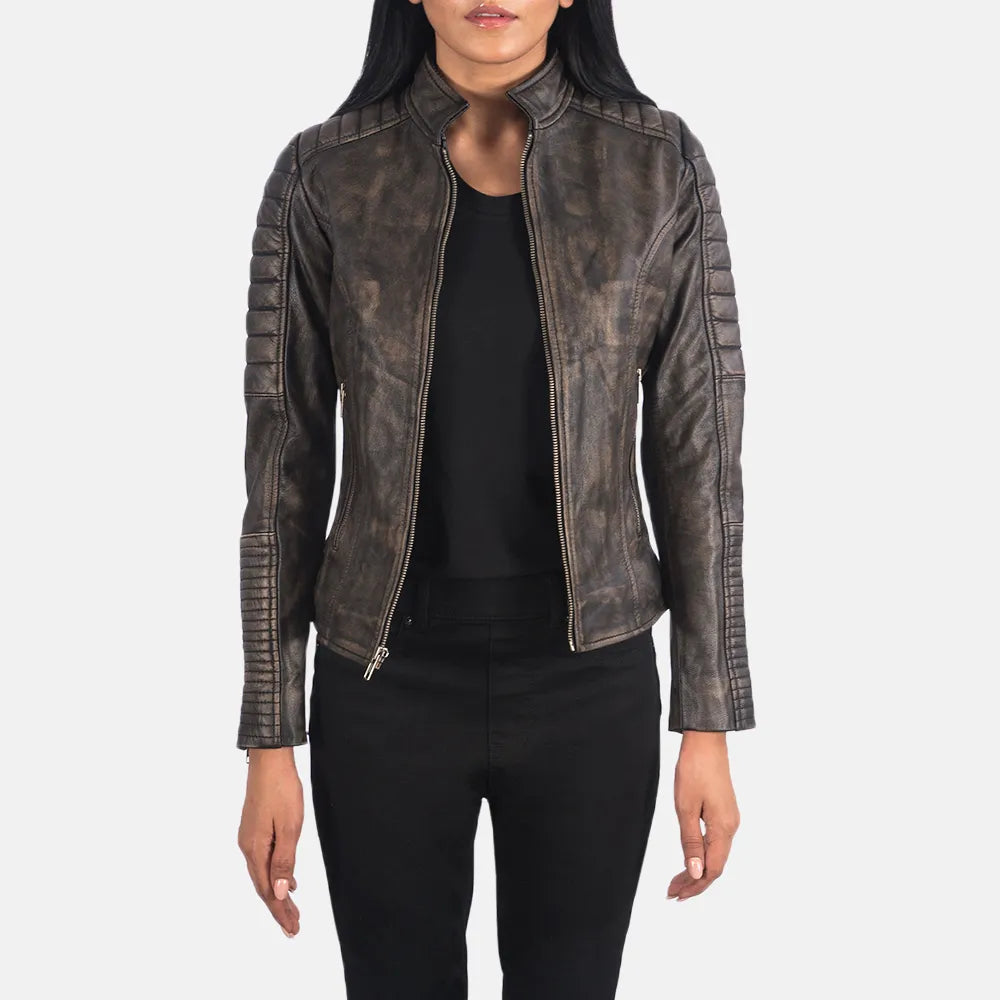 Distressed Brown Leather Jacket - Goatskin Leather Zippered Front Buttoned Front Snap Front Distressed Brown Leather Jacket - Goatskin Leather Zippered Front Buttoned Front Snap Front