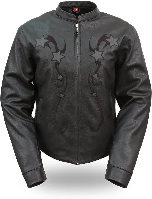 First Manufacturing FIL180CSZ Women's Black Sporty Scooter Leather Jacket with Reflective Stars One-Shoulder Jacket Off-the-Shoulder Jacket Asymmetrical Jacket First Manufacturing FIL180CSZ Women's Black Sporty Scooter Leather Jacket with Reflective Stars One-Shoulder Jacket Off-the-Shoulder Jacket Asymmetrical Jacket