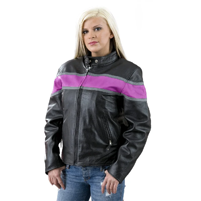 Genuine Leather EL7111 Ladies Black and Purple Racer Style Leather Jacket Welt Pockets Slit Pockets Flap Pockets Genuine Leather EL7111 Ladies Black and Purple Racer Style Leather Jacket Welt Pockets Slit Pockets Flap Pockets