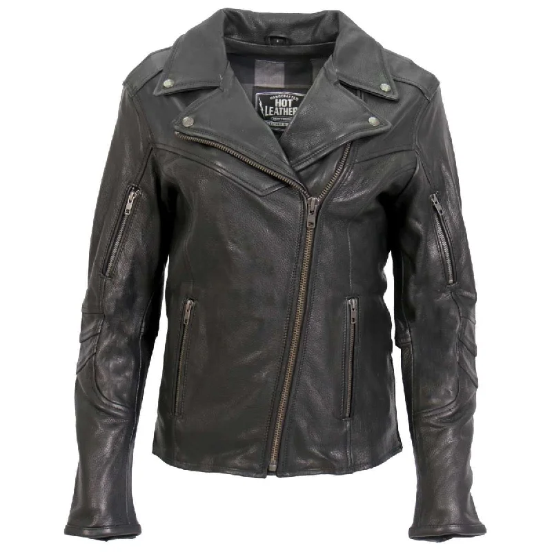 Hot Leathers JKL1034 Ladies Black Leather MC Jacket with Plaid Flannel Lining Notch Collar Jacket Peter Pan Collar Jacket Cowl Neck Jacket Hot Leathers JKL1034 Ladies Black Leather MC Jacket with Plaid Flannel Lining Notch Collar Jacket Peter Pan Collar Jacket Cowl Neck Jacket