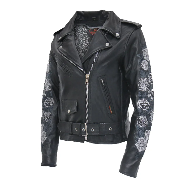 Hot Leathers JKL2002 Women's Black 'Rose Embroidered' Motorcycle Style Leather Jacket Herringbone Jacket Checkered Jacket Solid Jacket Hot Leathers JKL2002 Women's Black 'Rose Embroidered' Motorcycle Style Leather Jacket Herringbone Jacket Checkered Jacket Solid Jacket