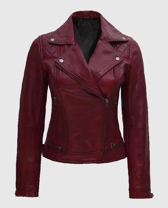 Kimberley Quilted Leather Motorcycle Maroon Jacket for Women Wool Fabric Cashmere Fabric Tweed Fabric Kimberley Quilted Leather Motorcycle Maroon Jacket for Women Wool Fabric Cashmere Fabric Tweed Fabric