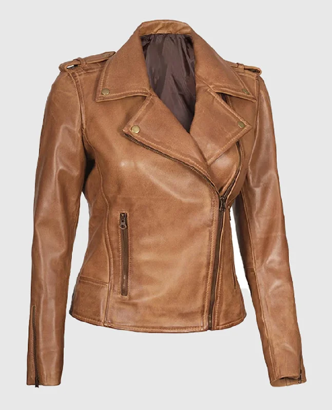 Kirsten Women's Asymmetrical Camel Brown Real Leather Jacket Zippered Jacket Buttoned Jacket Snapped Jacket Kirsten Women's Asymmetrical Camel Brown Real Leather Jacket Zippered Jacket Buttoned Jacket Snapped Jacket