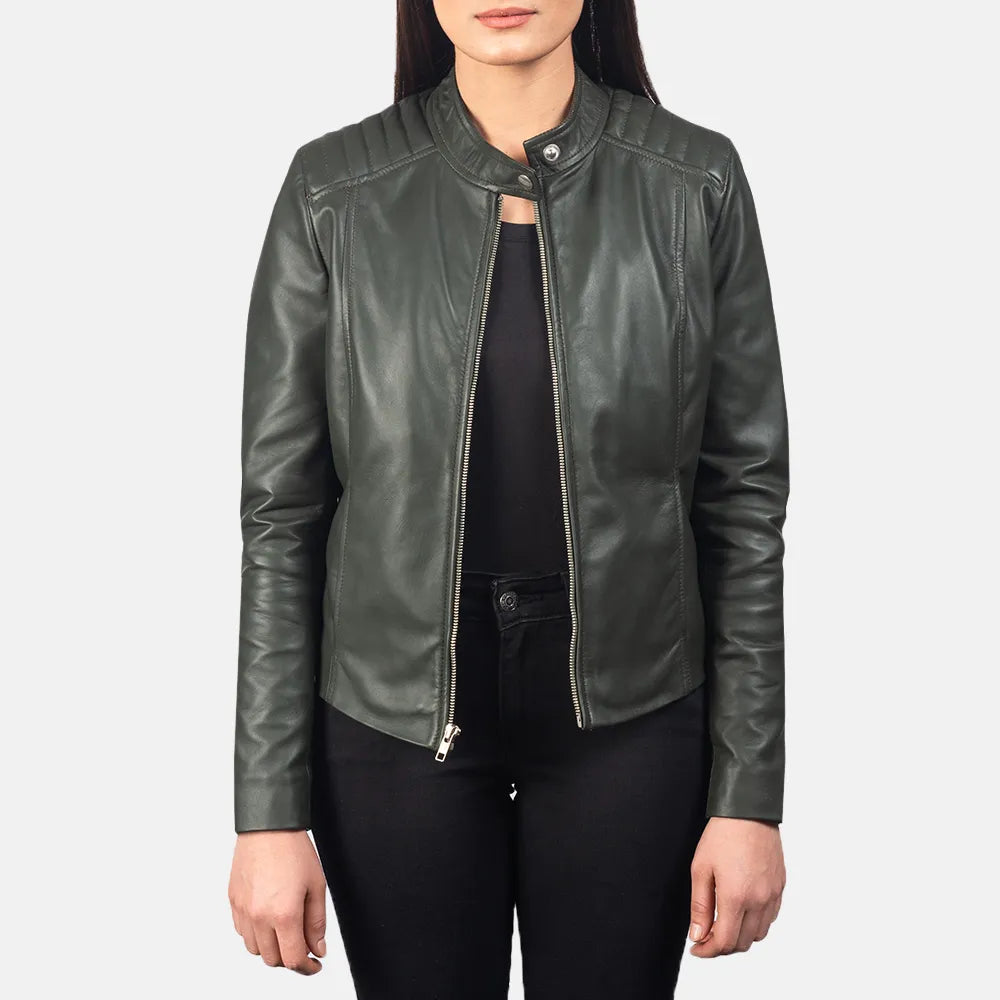 Ladies Green Biker Jacket in Semi-aniline Leather Quilted Jacket Puffer Jacket Insulated Jacket Ladies Green Biker Jacket in Semi-aniline Leather Quilted Jacket Puffer Jacket Insulated Jacket