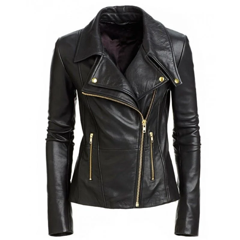 Ladies Women's Black Slim Fit Biker Lambskin Leather Moto Real Leather Jacket Welt Pockets Slit Pockets Flap Pockets Ladies Women's Black Slim Fit Biker Lambskin Leather Moto Real Leather Jacket Welt Pockets Slit Pockets Flap Pockets