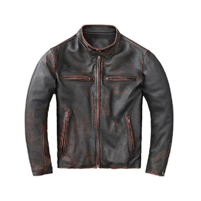 Men’s Black Distressed Retro Leather Cafe Racer Jacket Snapped Jacket Toggled Jacket Drawstring Jacket Men’s Black Distressed Retro Leather Cafe Racer Jacket Snapped Jacket Toggled Jacket Drawstring Jacket