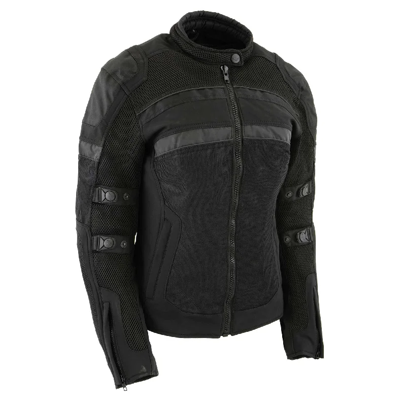 Milwaukee Leather MPL2775 Black Armored Textile Motorcycle Jacket for Women - All Season Jacket w/ Removable Liner Denim Fabric Leather Fabric Suede Fabric Milwaukee Leather MPL2775 Black Armored Textile Motorcycle Jacket for Women - All Season Jacket w/ Removable Liner Denim Fabric Leather Fabric Suede Fabric