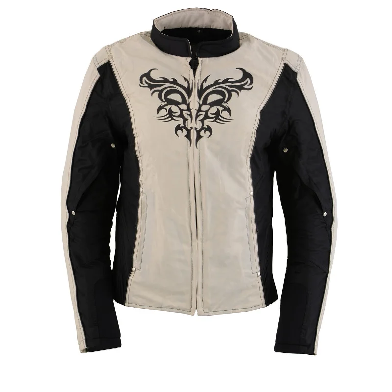 Milwaukee Leather SH2366 Women's'Reflective Tribal' Black and Cream Armored Motorcycle Textile Jacket Knit Fabric Woven Fabric Fleece Fabric Milwaukee Leather SH2366 Women's'Reflective Tribal' Black and Cream Armored Motorcycle Textile Jacket Knit Fabric Woven Fabric Fleece Fabric