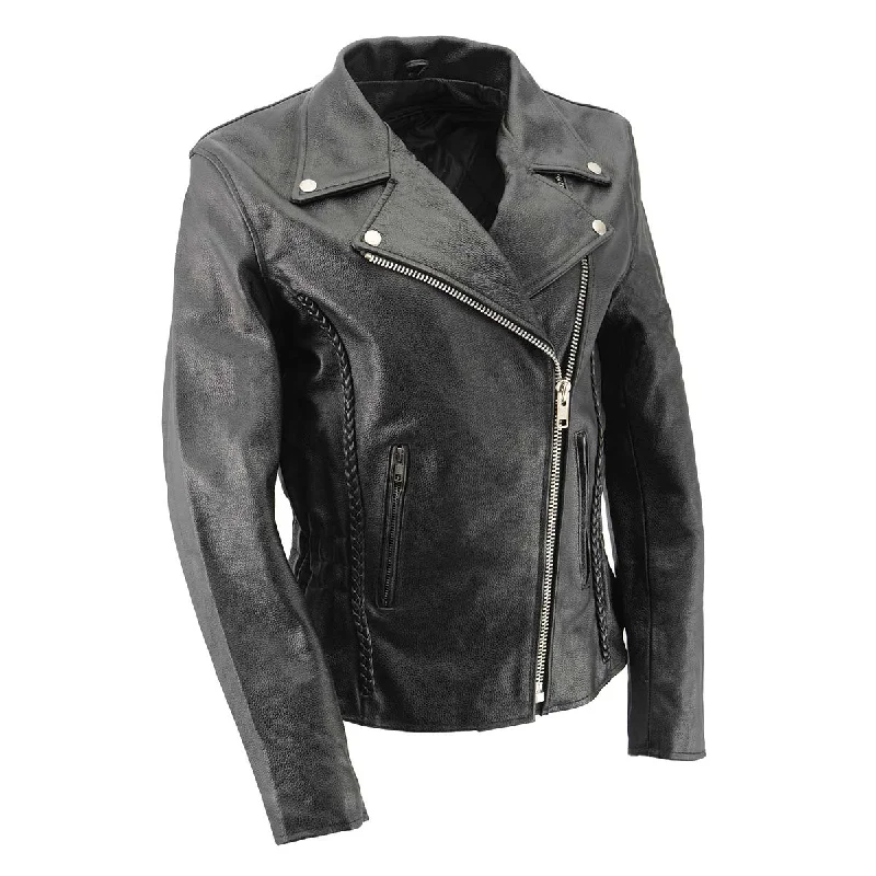 Milwaukee Leather SH7013 Women's Black 'Braided' Motorcycle Leather Jacket Zippered Front Buttoned Front Snap Front Milwaukee Leather SH7013 Women's Black 'Braided' Motorcycle Leather Jacket Zippered Front Buttoned Front Snap Front